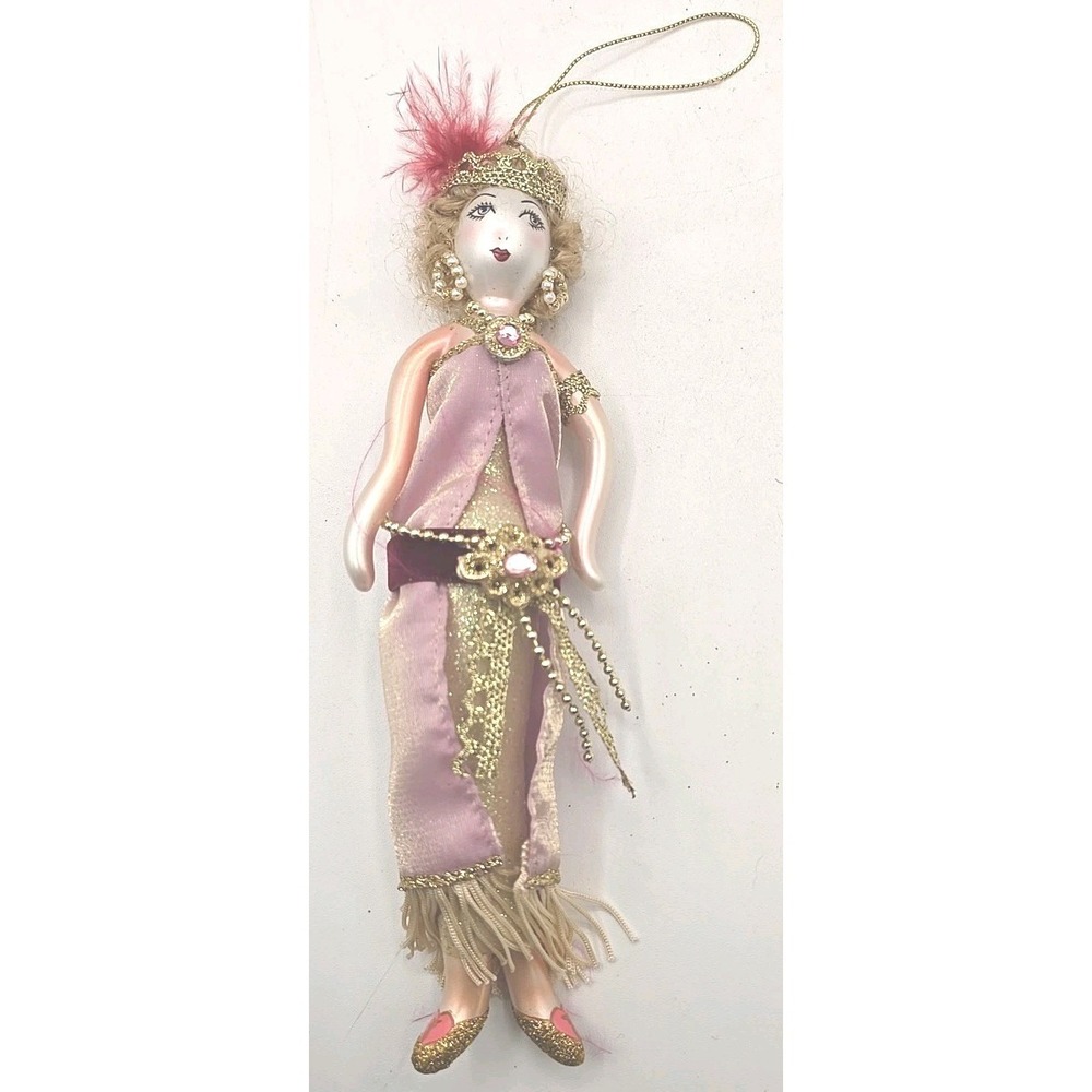 Fancy Flapper 8.5" Lady Blown Glass Ornament Gold Pink Fringe Beads Vtg U313